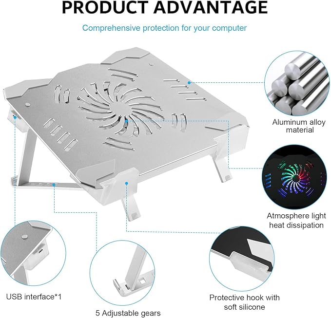 Laptop Cooler LED Light Laptop Stand with fan2 USB Ports, for 14-17inch laptops, Height StandErgonomically Gaming Laptop Cooling pad ，Silver-3
