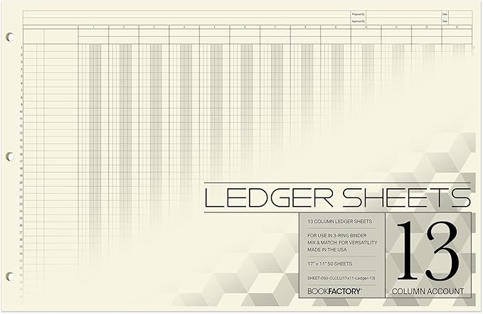 BookFactory Ledger Sheets/Large 13 Column Accounting Ledger Columnar (Thirteen Columns) Loose Leaf Paper - 17'' x 11'', 50 Pages, Loose Leaf, 3 Hole Punched (SHEET-050-CLCLL(17x11-Ledger-13)-AX)