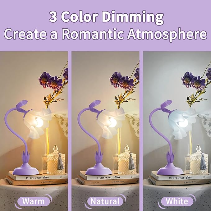 Women Bedside Table Lamps for Bedroom, Cute Flower Desk Lamp with Adjustable Flexible Gooseneck, 3 Color Temperatures Nightstand Lamp with E26 LED Bulbs, Floral Lamp for Living Room, Office,Reading