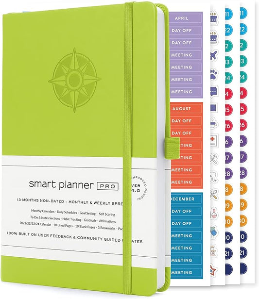 Smart Planner Pro – Undated Daily Planner – Small A5 – Achieve Goals & Increase Productivity – Weekly, Monthly, Work Sections, Organizer Diary with Back Pocket, 3 Satin Bookmarks & Pen Holder