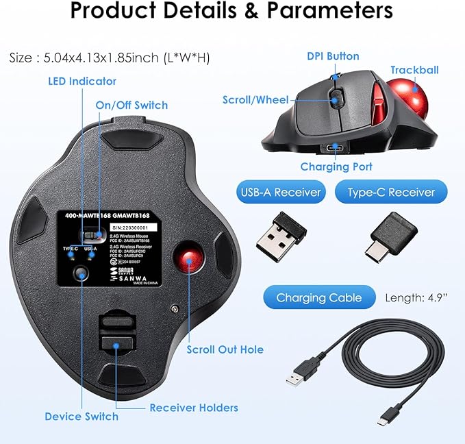 SANWA 2.4G Wireless Trackball Mouse, Optical Ergonomic Rollerball Mice, Programmable Silent Buttons, USB-A & Type-C Receiver, Thumb Control, 4 DPI, Rechargeable Compatible for PC, Mac, Windows, Laptop