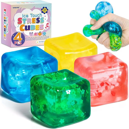 4 Pack Fidget Toy Stress Cube, Slow Rise Stress Balls Ice Cube,Mellow and Chill,Square Squishy Balls for Anxiety Relief,Nice Cube Squishy,Prize Box Toys for Kids Classroom Birthday Gifts Party Favors