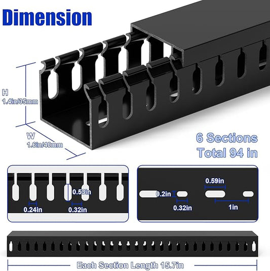 ZhiYo H1.4 x W1.6in Server Rack Cable Management Raceway, 94.5in(6X L15.7in) Cable Raceway Kit, Electrically Safe PVC Open Slot Wire Cord Hider for Under Desk/Computer/Network Cords, Black