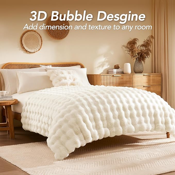 L'AGRATY Faux Fur Throw Blanket: 60" x 80" Luxury Soft Fluffy Thick Rabbit Fur Blankets for Twin Bed Couch - Cozy Plush Bubble Blankets for Winter: Warm Flannel Fleece Decorative Blanket(Cream White)
