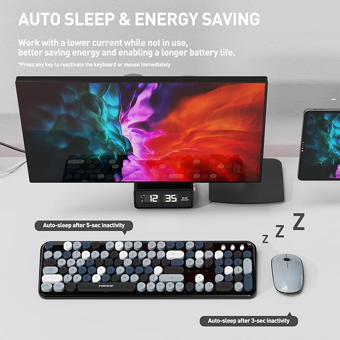 Keyboard and Mouse Wireless,Cute Retro Wireless Keyboard Mouse Combo with Round Key,2.4Ghz Dropout-Free Connection,Typewriter Keyboard Mouse Set for PC Laptop Desktop Computer-Grey Colorful