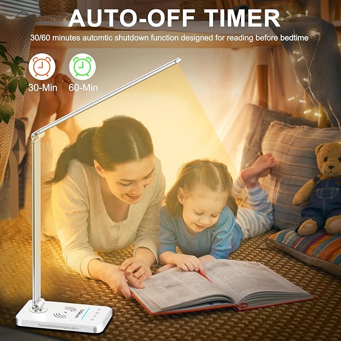 AFROG Multifunctional LED Desk Lamp with Wireless Charger, USB Charging Port, 5 Lighting Modes,5 Brightness Levels, Sensitive Control, 30/62 min Auto Timer, Eye-Caring Office Lamp with Adapter