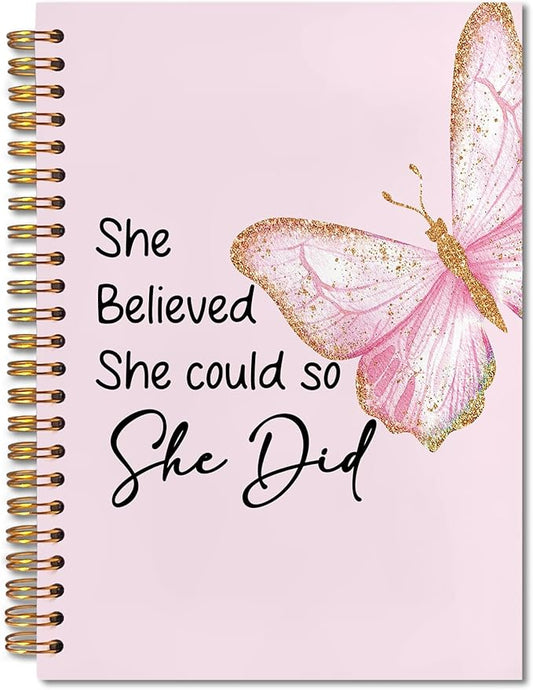Pink Butterfly Inspirational Spiral Notebook 5.5x8.3, She Believed She Could So She Did Motivational Journal, Inspirational Encouragement Gifts for Women, Pink Office Supplies