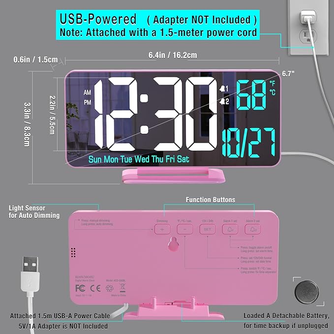 Pink Digital Clock for Bedroom 6.7in Dual Alarm Clock with Dimming, 12/24h, Seconds, Date, Day of Week, Temp, Desk Clock, LED Clock for Table Decor, Digital Calendar Table Clocks for Bedrooms KOSUMOSU