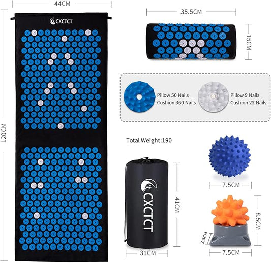 Extra Long Yoga Acupressure Mat Set,Massage Acupuncture Mat Large,Magnetic Mat Acupressure Body mat and Pillow for Neck Back Pain Relief(Blue)