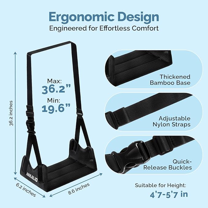 2 Pack No-Collapse Airplane Foot Hammock–Adjustable Foot Hammock for Plane Travel with Thick Bamboo Base, Lightweight Travel Footrest for Office, Flights(Black)