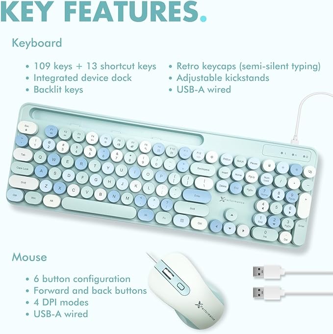 X9 Wired Keyboard and Mouse Combo with Backlight - Silent Round Keycaps, Phone/Tablet Dock, 109 Fullsize Keys, Cute Colorful Blue Keyboard, Aesthetic and Pastel Keyboard for Laptop, PC and Chrome