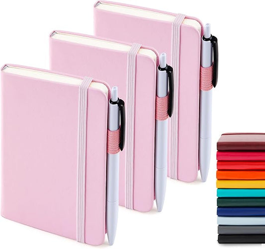 feela 3 Pack Pocket Small Notebook Journals, Mini Cute Memo Notepad Hardcover College Ruled Lined Journals with Pen Holder for Women Girls Office School, with 3 Black Pens, 3.5”x 5.5”, A6, Rose Pink