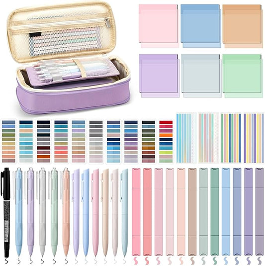 135 Pcs Book Annotation Kit Aesthetic Pencil Case Bag with 12 Highlighter 11 Gel Pen 1 Marker 300 Sheets Transparent Sticky Notes Pads 2640 Index Tabs Bible Study Supplies for School Gift(Purple)