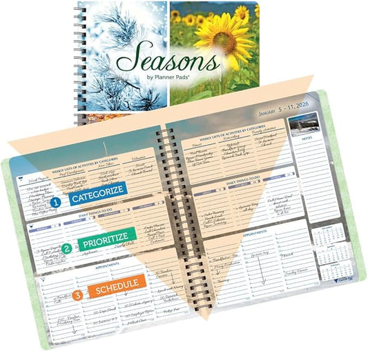 Planner Pad Spiral Bound January-December 2026/ Calendar Year 6 3/4" x 8 1/2" Medium 3-Tier Funnel Down 12 Month Organizer, Seasonal Color Ink