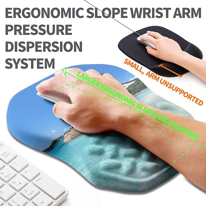 Ergonomic Slope Mouse Pad Wrist Support, Wrist Rest Mousepad for Carpal Tunnel Pain Relief with Massage Bulge and Slow Rebound Memory Foam (12x8 inch, Beach Coconut Trees)