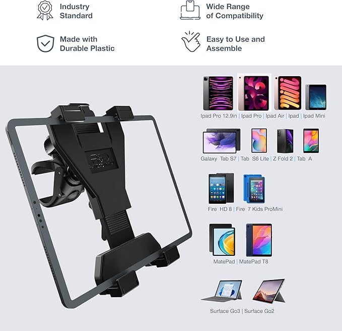 Randconcept - Treadmill Tablet Holder, Elliptical Tablet Holder, Large Clamp for Indoor Exercise Stationary Spin Bike, Mic Stand for iPad Pro 12.9 Air Mini Galaxy Tabs 5-13" Tablets