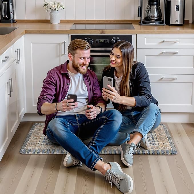 KIMODE Anti Fatigue Kitchen Mat 20"x39", Boho Vintage Kitchen Rug, Non Slip Kitchen Mats for Floor, Cushioned Kitchen Floor Mats, Standing Desk Mat for Sink, Laundry, Office, Desk Blue and Gold