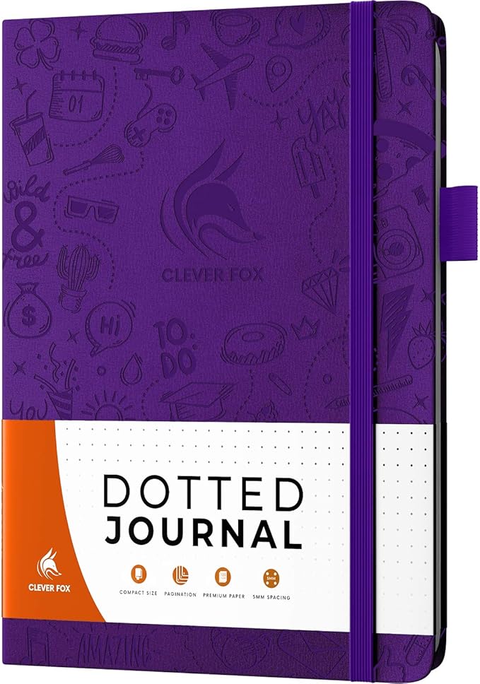 Clever Fox Dotted Journal 2.0 – Compact Planning and Sketching Dot Grid Notebook 120 GSM Thick, No-Bleed Paper – Planner with Pen Loop, Pocket, Ribbons, Stickers A5 - Purple
