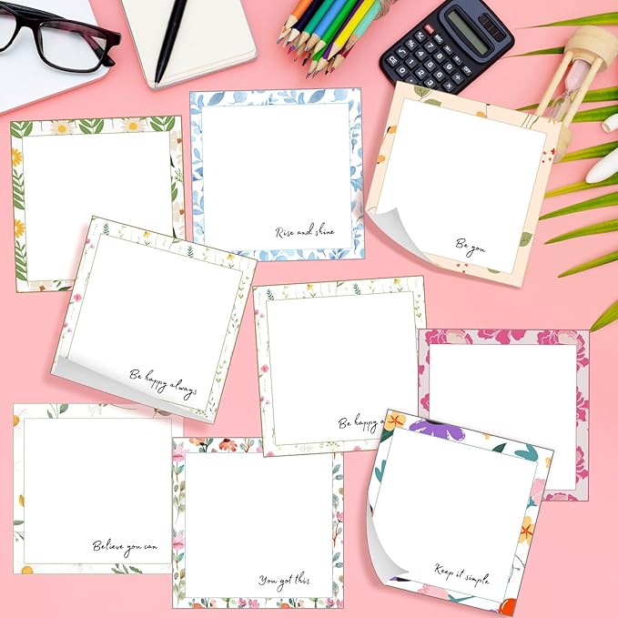 9 Pieces Flowers Designed Sticky Note Adhesive Cute Memo Notes Self-Stick Note Pads for Back to School Decorations Home Classroom Office Party Decor