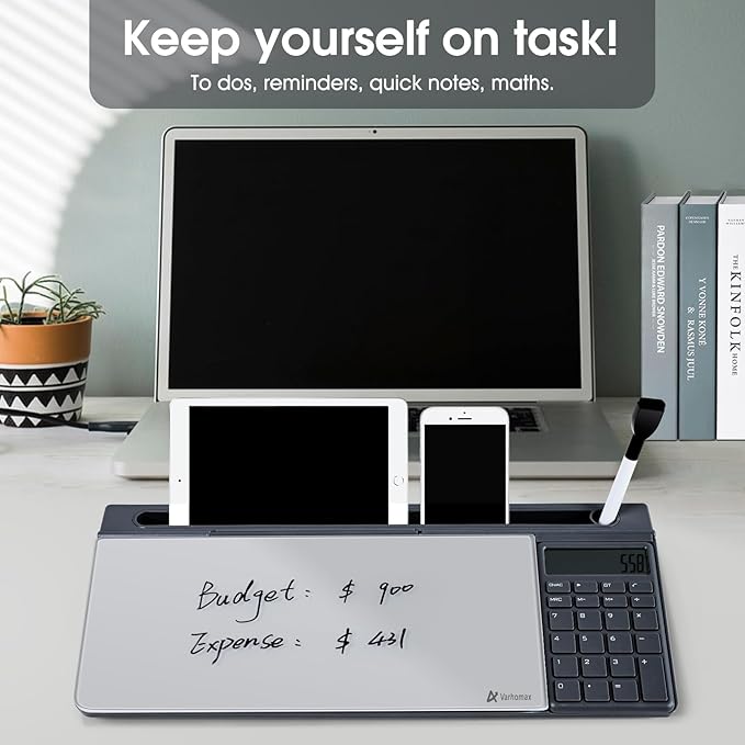 Varhomax Glass Desk Whiteboard with Calculator, Desktop Dry Erase White Board with Storage, to Do List Memo Notepad for Home and Office