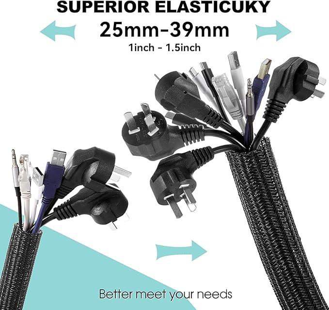 AGPTEK Cable Sleeve Cover, 6.6ft - 1.5 inch Desk Cord Organizer Cable Hider, Home Office Wire Management Computer TV Wire Loom Tubing, Pet Proof Cord Protector, from Cat Dog Chewing, Black