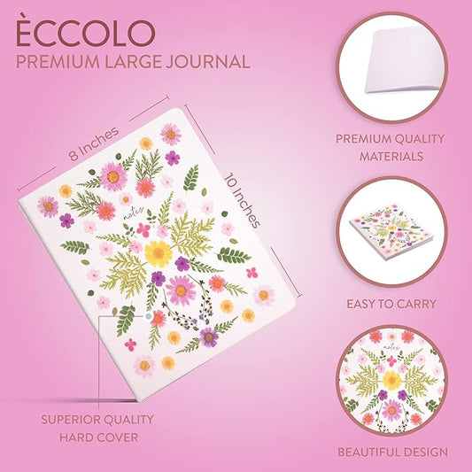 Eccolo 8x10 Large Journal Notebook with Debossed Floral Cover Design, 256 Ruled Ivory Pages, Sturdy Hardcover, Ribbon Bookmark - Perfect for Writing, Journaling, Note-Taking, and More