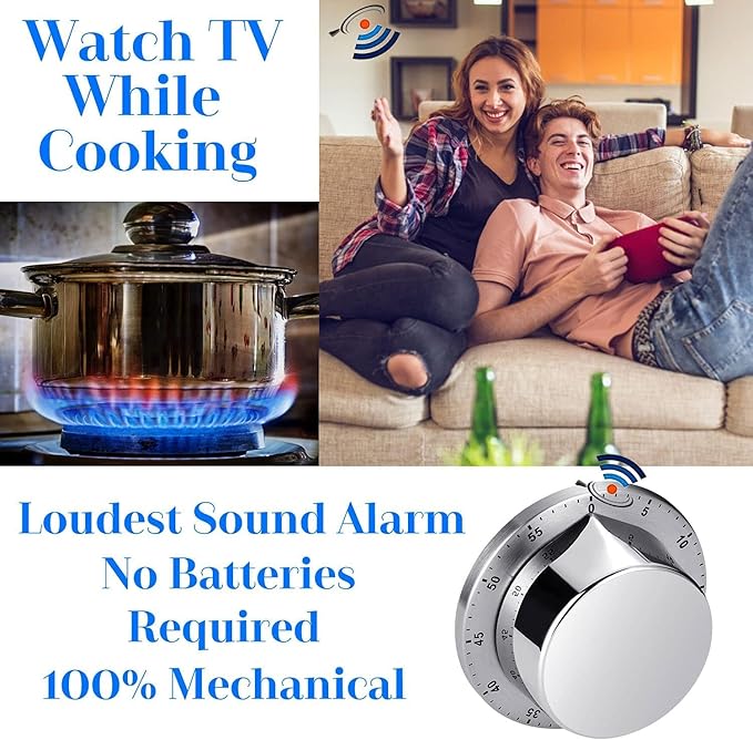 Kitchen Timers for Cooking, Chef Cooking Timer Clock with Loud Alarm - Magnetic Backing 100% Mechanical Desk Timer - No Batteries Required, Countdown Reminder Magnetic - Exquisite Stainless Steel Body