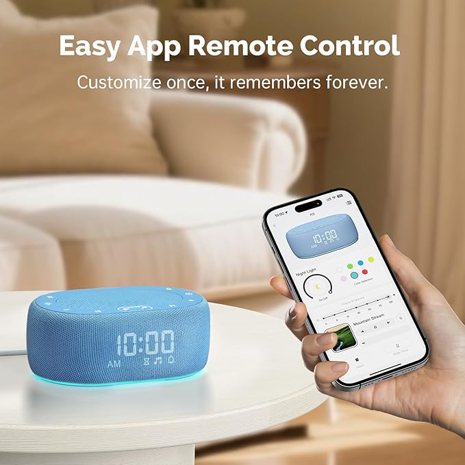 1Mii White Noise Sound Machine for Sleep, Brown Noise Machine for Baby Adults Sleeping, 18 Soothing Sounds with 7-Color Night Light, Timer, Alarm Clock, Volume Control, Remote App Control - Blue