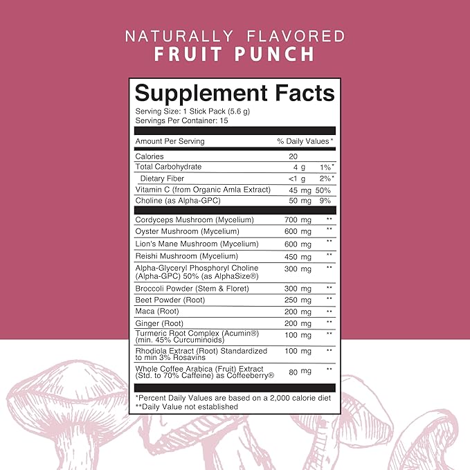 Roots Focus Nootropic Brain Supplement, Fruit Punch, Blend of Lion's Mane, Cordyceps, and Reishi Functional Mushrooms with Extended-Release Caffeine, 15 Servings