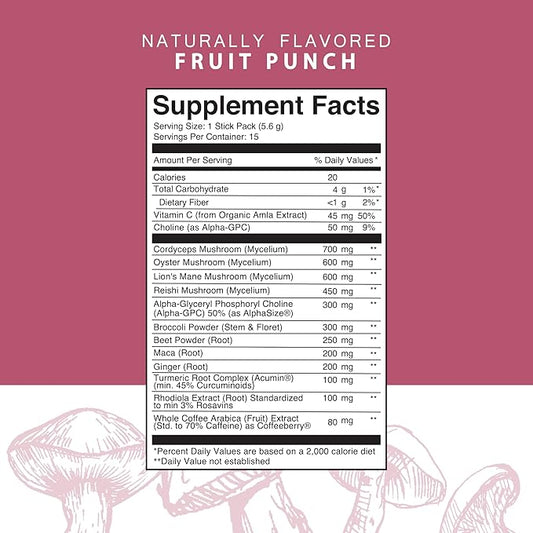 Roots Focus Nootropic Brain Supplement, Fruit Punch, Blend of Lion's Mane, Cordyceps, and Reishi Functional Mushrooms with Extended-Release Caffeine, 15 Servings