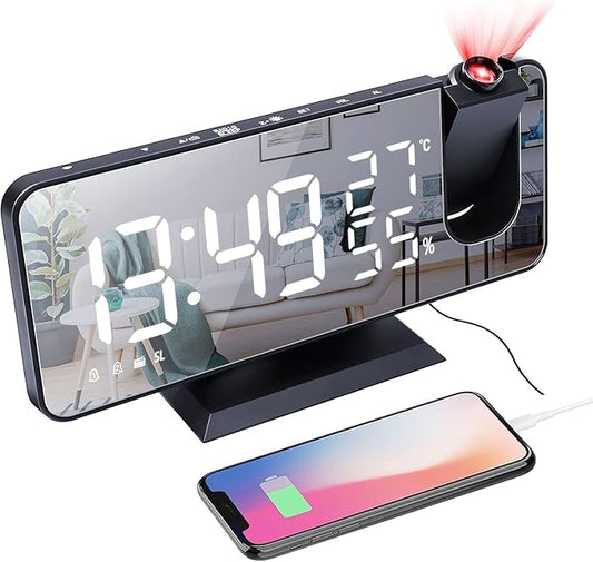 Projection Alarm Clock for Bedroom, Digital Alarm Clock with USB Charger, 7.4" Large LED Mirror Display Radio Alarm Clock, Dual Smart Alarm with Projection on Ceiling, Black