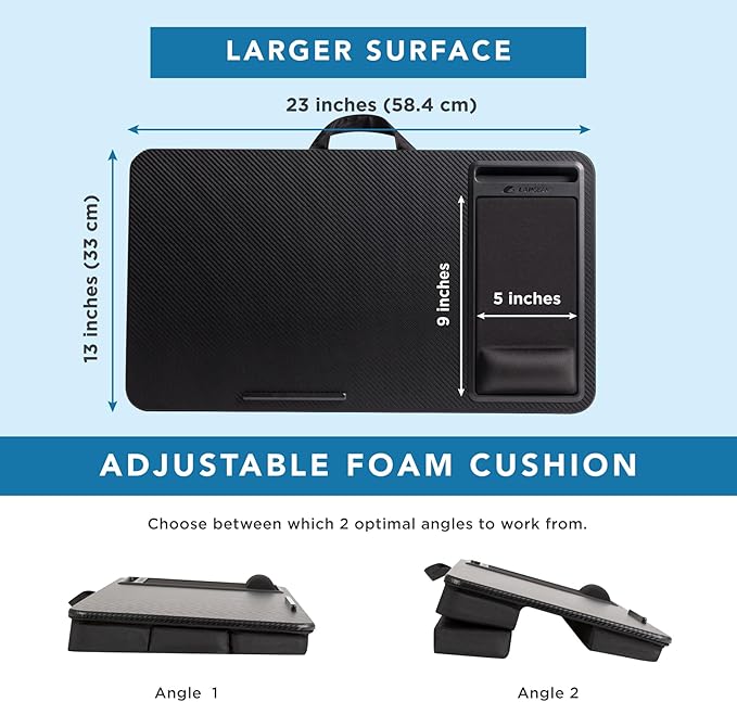 LAPGEAR Extra Large Adjustable Lap Desk with Memory Foam Wrist Rest, Mouse Pad, Phone Holder, Device Ledge, and Booster Cushion - Black Carbon - Fits up to 17.3 Inch Laptops - Style No. 88108