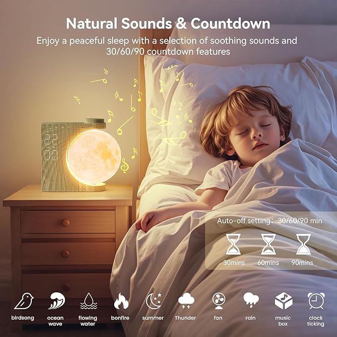 Rotating Moonlight Alarm Clock for Heavy Sleepers - Sunrise Simulation Wake-Up Light, Snooze, 10 Light Effects, 30/60/90 Timer, 10 Nature Sounds & 15 Ringtones,12 Volume- Bedroom Lamp for Kids Adults