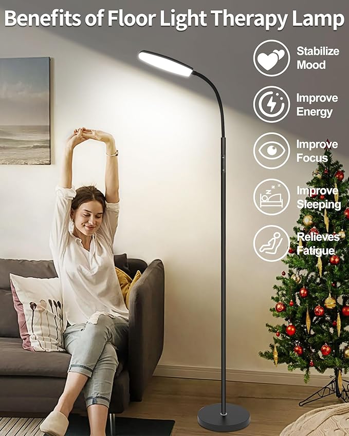 Light Therapy Lamp, 10000 Lux UV-Free Happy Therapy Lamp, Full Spectrum Sunlight Lamp with Remote Control, Light Therapy Floor Lamp with 10 Color Temperature & 6 Brightness & Timer-Black