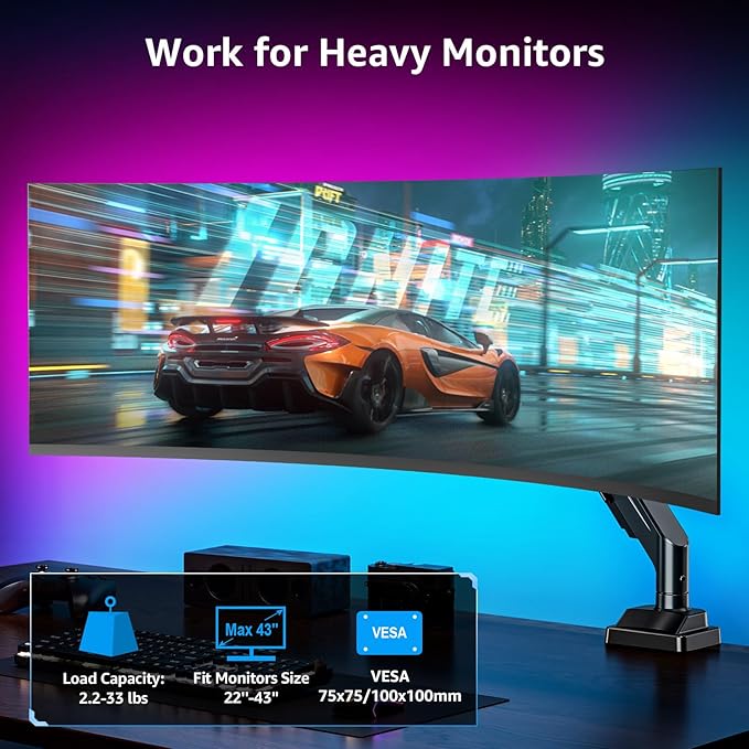 MOUNTUP Ultrawide Monitor Arm for 22-43 inch Curved Screen, Holds 2.2 to 33 lbs, Heavy Duty Monitor Desk Mount, Adjustable Gas Spring Arm, Computer Monitors Stand for Desk, VESA Mount