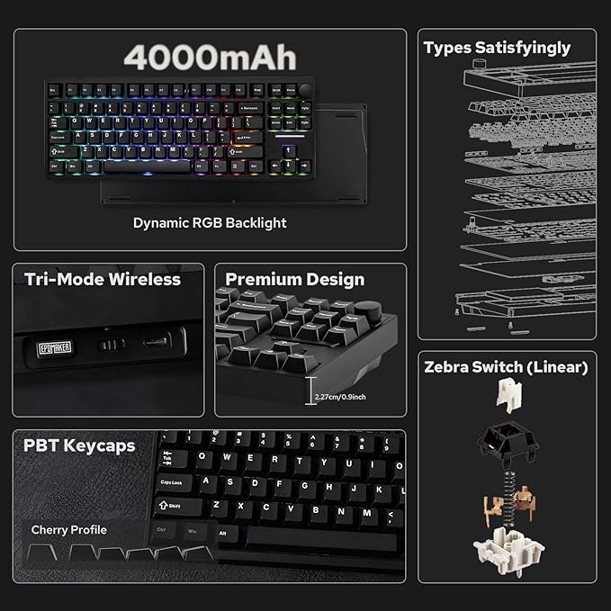 EPOMAKER P87 TKL Aluminum Wireless Gaming Keyboard, QMK/VIA Programmable, 87% Bluetooth/2.4Ghz/USB-C, with CNC Metal Knob and RGB Backlight (Black, Zebra Switch)