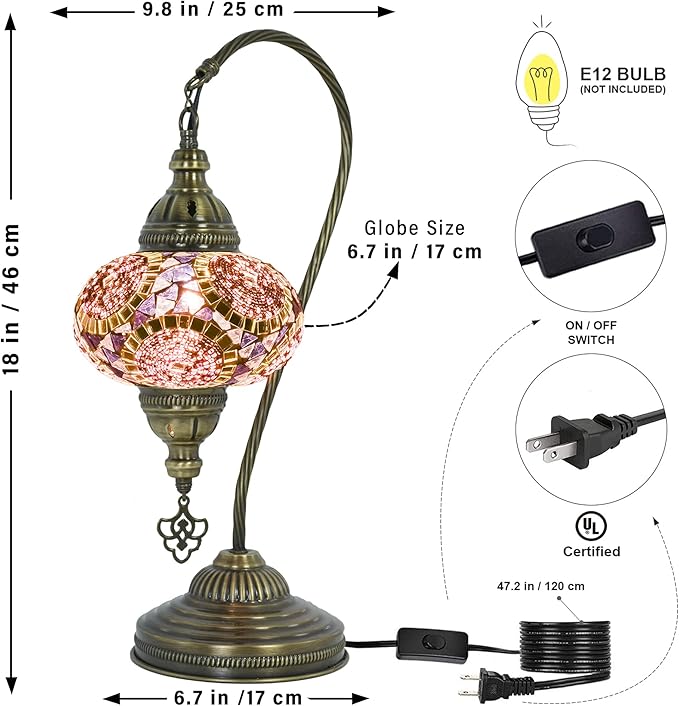 mozaist Tiffany Style Mosaic Table Lamp, Turkish Moroccan Authentic Desk Light for Rustic Living Room Decor, Handmade Vintage Antique Mosaic Decorative Light with E12 Socket & US Plug (Purple)