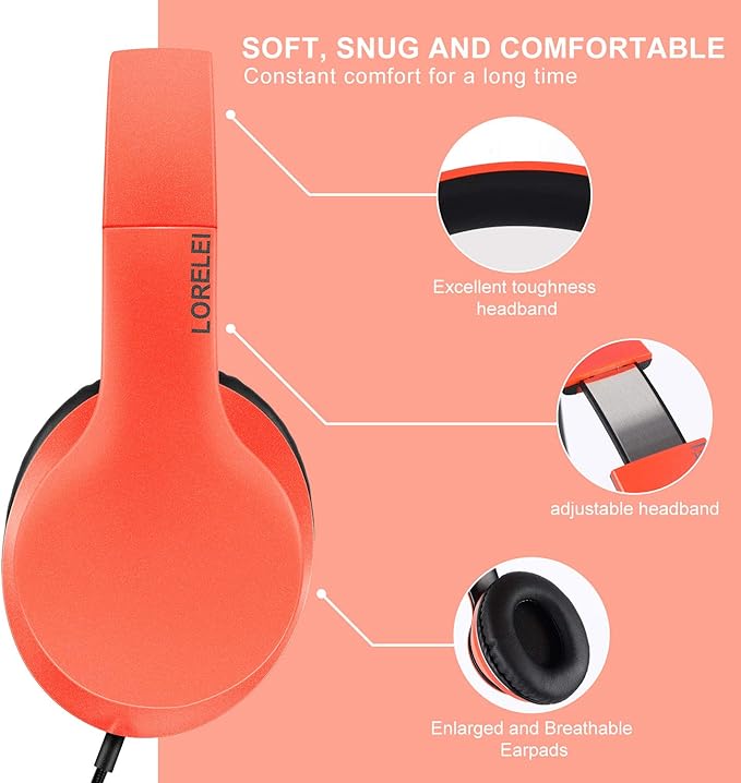 LORELEI X6 Over-Ear Headphones with Microphone, Lightweight Foldable & Portable Stereo Bass Headphones with 1.45M No-Tangle,Wired Headphones for Smartphone Tablet MP3 / 4 (Vitality Orange)