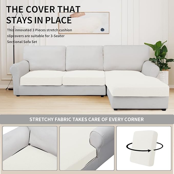 Easy-Going Stretch 3 Pieces Couch Cushion Covers for Sectional Sofa Left/Right L Shape Chaise Lounge Sofa Seat slipcover Anti-Slip Sofa Cover Soft (2 Seater + 1 Chaise, Cream)