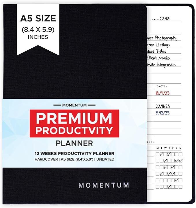 Daily, Weekly, Monthly Productivity Planner Kit, Black Undated A5 size Planner - 192 Pages Journal Motivational stickers & Post cards - for Office, Students 2025