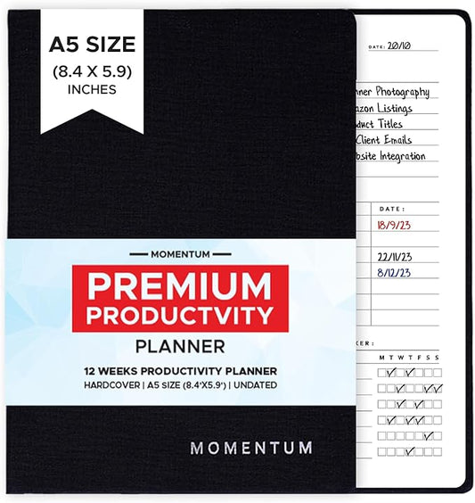 Daily, Weekly, Monthly Productivity Planner Kit, Black Undated A5 size Planner - 192 Pages Journal Motivational stickers & Post cards - for Office, Students 2025