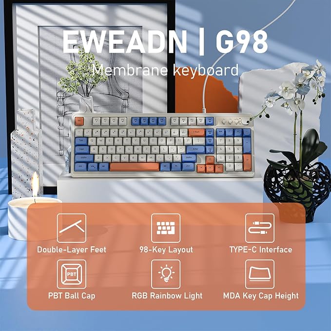 EWEADN G98 RGB Gaming Keyboard Wired, Retro Creamy Membrane Keyboards with Media Knob, Number Pad RGB Backlit, 98 Keys Quite Membrane Computer Keyboard for MAC Xbox PC Gamer -White&Blue
