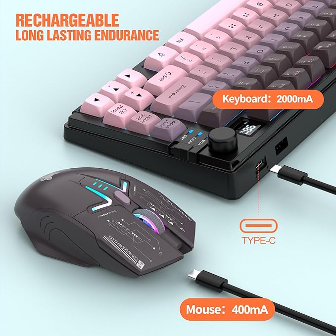 75% Wireless Gaming Keyboard and Mouse Combination, with Rechargeable Battery, Glowing Mechanical Feel Keyboard, Ergonomic RGB Optical Mouse, for Gaming/Business (Polar Day)