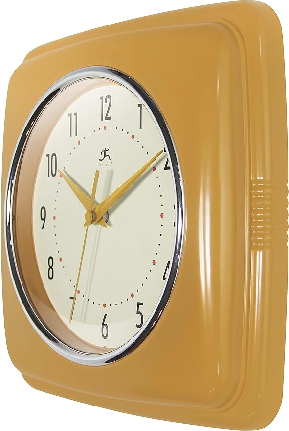 Infinity Instruments Retro – 9-Inch Square Silent Non-Ticking Mid-Century Modern Wall Clock – Vintage Decorative for Kitchen, Office, or Diner – Saffron