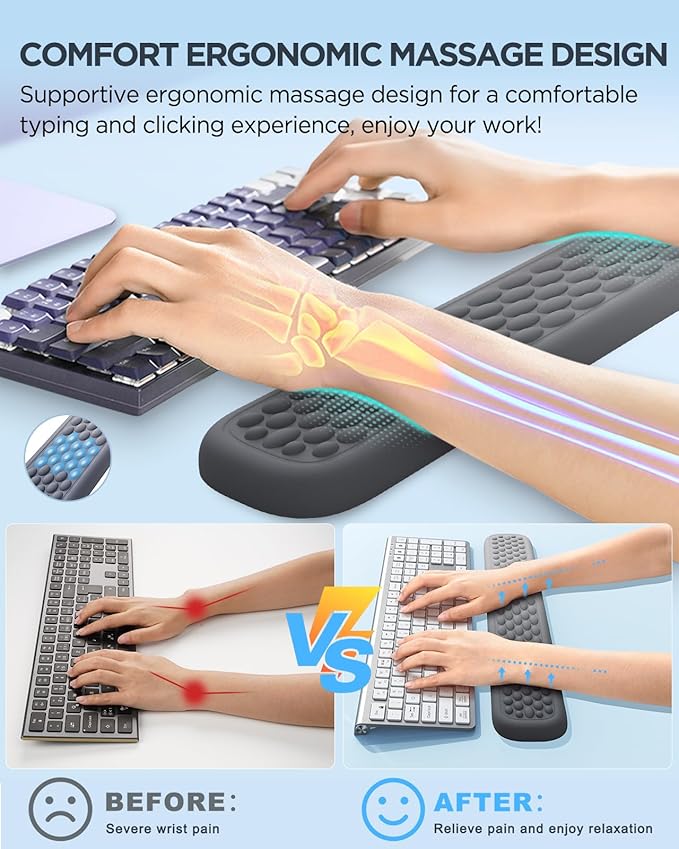 Lekvey Ergonomic Keyboard Wrist Rest, Silky Memory Foam with Massage Points Carpal Tunnel Support Wrist Pad Set for Office/Gaming, Typing Pain Relief, Gray-Black Gradient