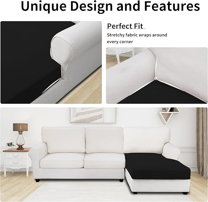 Easy-Going Stretch Sectional Couch Covers 1 Piece Chaise Lounge Slipcover L Shape Separate Cushion Couch Seat Chaise Cover for Both Left/Right Sectional Couch Black
