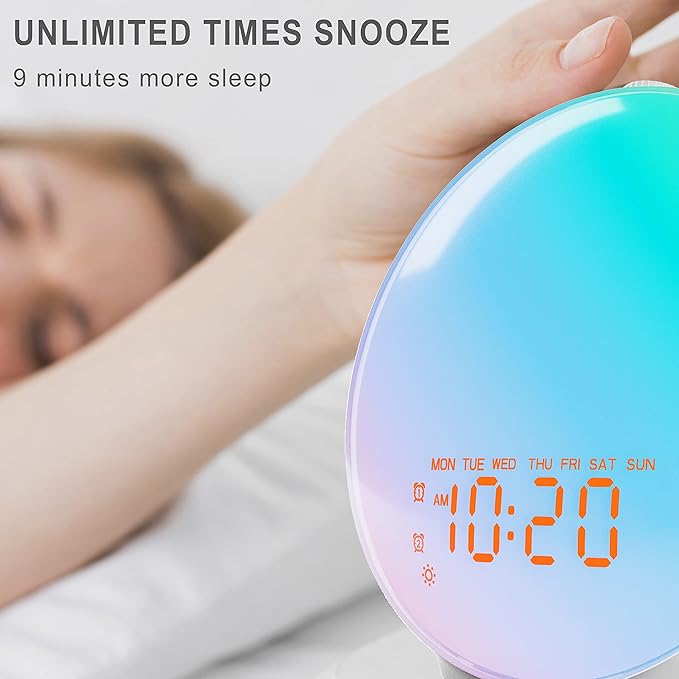 Wake Up Light Sunrise Alarm Clock for Bedroom, 17 Nightlights, Sound Machine with 5W Bluetooth Speaker, 25 Soothing Sounds, SleepTimer, Dual Alarms, FM Radio, Ideal Gift for Baby, Kids, Adults, Senior