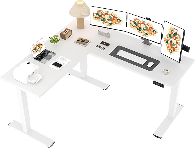 SANODESK L Shaped Standing Desk Adjustable Height, Electric Corner Standing Desk, 71 x 63 inch Sit Stand Computer Table with Splice Board, White