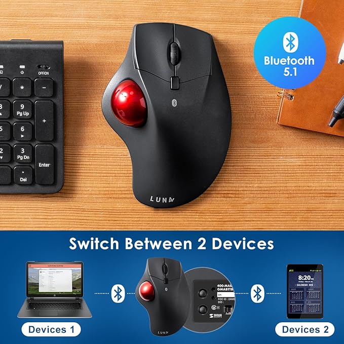 SANWA Bluetooth Wireless Ergonomic Trackball Mouse, Optical Rollerball Mice, Programmable Silent Buttons, 40mm Trackball, 600/800/1200/1600 DPI, Compatible with MacBook, Laptop, Windows, macOS