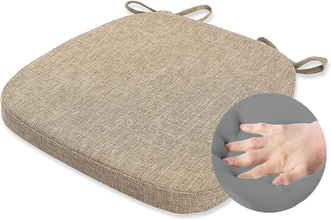 Chair Cushion with Ties for Dining Chairs - Memory Foam Non Slip Kitchen Chair Pad and Dining Seat Cushion with Machine Washable Cover [16.5 x 16.2 Inches] - Dark Beige